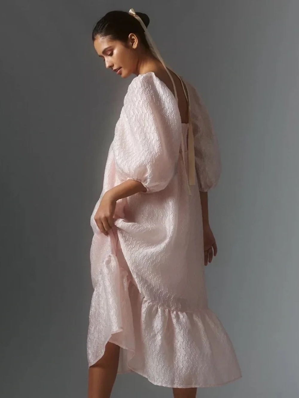 NWT Anthropologie Blush Pink Textured Puff-Sleeve Midi Dress Size S - Picture 3 of 10